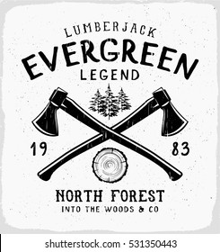 Evergreen Legend print in black and white for t shirt or apparel. Retro outdoor adventure style graphic with old school typography for fashion and printing. Vintage effects are easily removable.