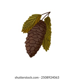 Evergreen pine branch with pinecone icon. Green fir twig, spruce sprig with needles. Coniferous tree with cone. Conifer strobile. Symbol of Xmas. Flat isolated vector illustration on white background
