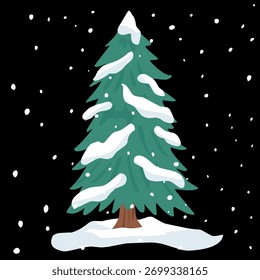 Árbol de pino perenne cubierto de nieve en estilo de dibujos animados planos para el diseño de paisajes y Navidades invernales, perfecto para ilustraciones o decoraciones de temporada.