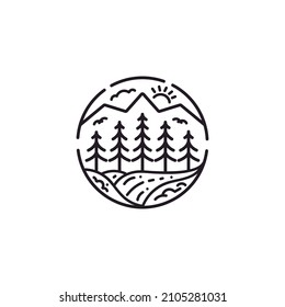 Bosque de Pinos Evergreen y río Creek para el logotipo de Hipster Vintage de Camp Adventure