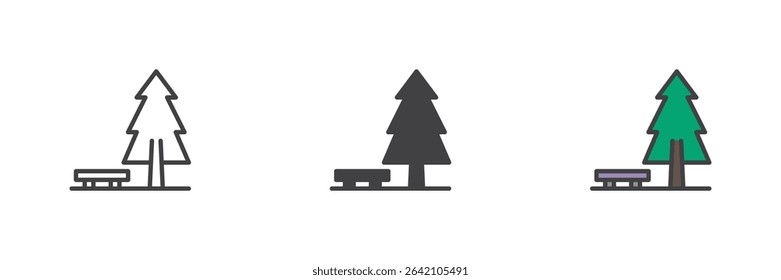 Evergreen pine tree icon with park bench in line, solid and filled outline style. Vector nature icon set for forest or winter themes.