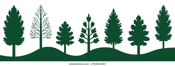 Conjunto de iconos de árbol de pino perenne. Colección de iconos estilizados del árbol de Navidad Vector conjunto. Formas de pino de invierno, iconos de abeto festivos, Elementos de Diseño gráfico de la naturaleza, decoración de vacaciones. eps 10