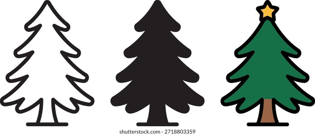 Colección de iconos de pino perenne para las vacaciones de invierno. Ilustración tradicional de abeto de Navidad con estrella. Conjunto de contorno de símbolo de Naturaleza. Diseño festivo de plantas forestales.