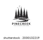 evergreen pine tree logo vintage with river creek birds illustration