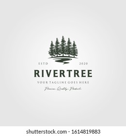 evergreen pine tree logo vintage with river creek vector emblem illustration design