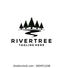 evergreen pine tree logo vintage with river creek vector emblem illustration design