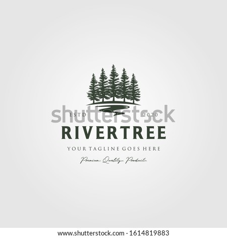 evergreen pine tree logo vintage with river creek vector emblem illustration design