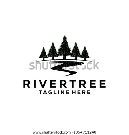 evergreen pine tree logo vintage with river creek vector emblem illustration design