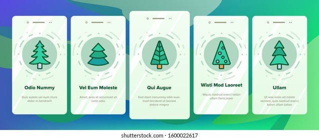 Evergreen Pine Tree Onboarding Mobile App Page Screen Vector. Evergreen Fir With Needles, Christmas Ornament Concept Linear Pictograms. Nature Forest And Woodland Illustrations