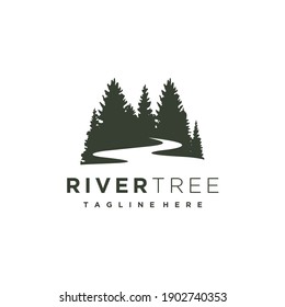 Evergreen Pine Tree With River Creek Logo Design Vector 