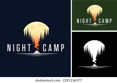 Evergreen Pine Tree Silhouette, Burning Wood with Fire Flame and Moon for Bonfire Campfire Adventure Forest Camp Outdoor illustration logo design