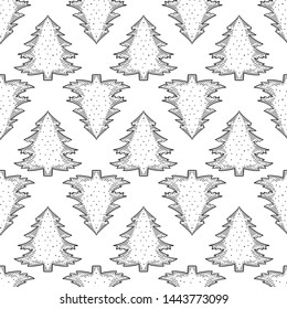 Evergreen pine tree. Vector concept in doodle and sketch style. Hand drawn illustration for printing on T-shirts, postcards. Seamless pattern for textile, paper wrap.