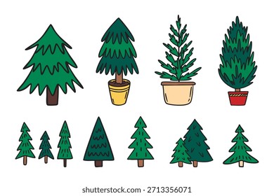 Evergreen pine trees collection in varied forms and sizes, isolated forest elements, hand drawn. Vector illustration.