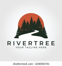 evergreen pine trees and river with sunset background vector logo design