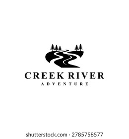 Evergreen pinep fir conifer hemlock tree forest and creek river for adventure outdoor Logo design