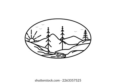 Evergreen Pines Fir Conifer Hemlock Tree Forest and Creek River for Mountain Hill Camp Adventure Vintage Retro Hipster Logo