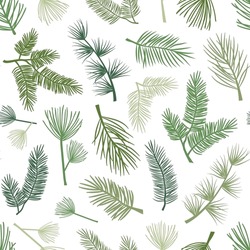 Jedergrüne Pflanzen- Und Baumnahtlose Muster, Hintergrund Mit Kiefer- Und Tannenzweig, Zedernzweig, Weihnachts- Und Neujahrsdekoration, Naturdruck. Handgezeichnete Vektorgrafik