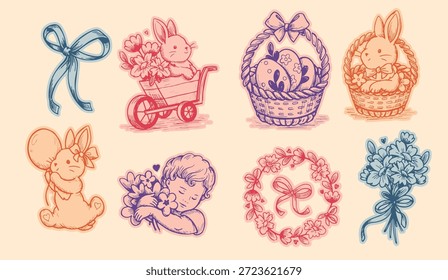 Evergreen spring cottagecore sticker pack with isolated hand drawn bunnies, baskets, eggs and florals. Playful sketch style for Easter, spring holidays and seasonal designs.