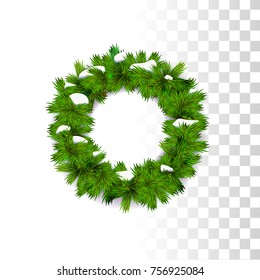 Evergreen Traditional Christmas Wreath Decoration With Snow On Transparent Background. Realistic Vector Illustration.