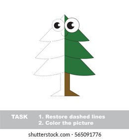 Evergreen Tree. Dot to dot educational game for kids. Half tracing worksheet to be colored.