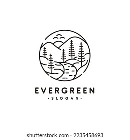 diseño del logotipo del hipster del árbol evergreen, montaña y riachuelo