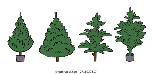Conjunto de Formas de árbol de hoja perenne ilustración de doodle dibujado a mano para tarjetas de vacaciones, invitaciones, marca, embalaje, Anuncios de Web, redes sociales, etiquetas.