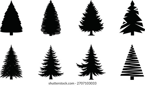 Evergreen tree silhouettes, stylized conifer graphics, black nature icons, pine forest vector set, abstract foliage illustration, winter tree design, holiday landscape pack