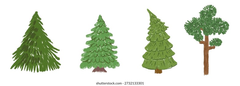 Evergreen trees in hand drawn cartoon doodle style made from pencil, marker or chalk crayon. Set scribble vector illustration background for children book.