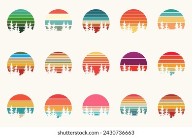 Evergreen trees silhouette with sunset sky, striped gradient. Round ombre sunrise, vintage colors. Background, circle vector illustration. Woods, forest landscape. Morning, evening scene, horizon