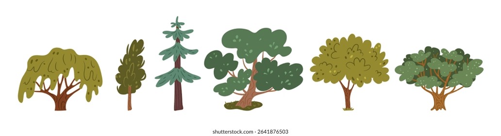 Evergreen trees and small decorative plants. Vector in flat style, isolated set of flora of forest or woods, landscaping design for park or woods, garden or orchard. Ecological and natural decor