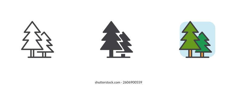 Evergreen trees or spruce trees different style icon set. Line, glyph and filled outline colorful version, outline and filled vector sign. Symbol, logo illustration. Vector graphics