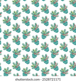 Evergreen twigs bouquet with candy cane and festive decor Seamless pattern Christmas background idea