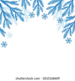 Evergreen twigs, snowflakes border. Winter background. Vector Christmas and New Year frame. Fir Tree Branches. Season greeting Winter Xmas holidays. Traditional winter attribute. Blue Frosty pattern. 