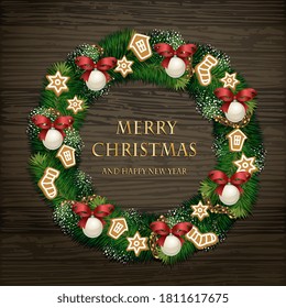 Evergreen wreath on door. Christmas wreath of Xmas tree branches with garlands, orange and spices on wooden planks vector. Merry Christmas and Happy New Year greetings. Winter holidays home decoration