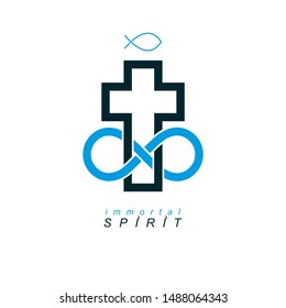 Everlasting Christian Belief in God vector creative symbol design, combined with infinity endless loop and Christian Cross, vector logo or sign.