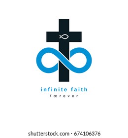 Everlasting Christian Belief in God vector creative symbol design, combined with infinity endless loop and Christian Cross, vector logo or sign.