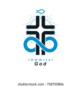 Everlasting Christian Belief in God vector creative symbol design, combined with infinity endless loop and Christian Cross, vector logo or sign.