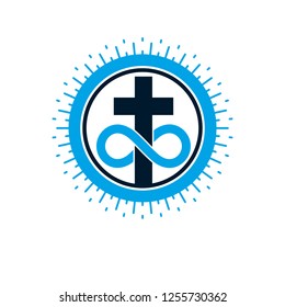 Everlasting Christian Love and True Belief in God vector creative symbol design, combined with infinity endless loop and Christian Cross, vector logo or sign.