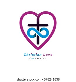 Everlasting Christian Love and True Belief in God vector creative symbol design, combined with infinity endless loop and Christian Cross, vector logo or sign.