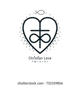 Everlasting Christian Love and True Belief in God vector creative symbol design, combined with infinity endless loop and Christian Cross, vector logo or sign.