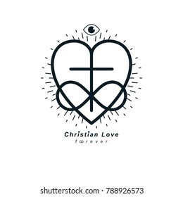 Everlasting Christian Love and True Belief in God vector creative symbol design, combined with infinity endless loop and Christian Cross, vector logo or sign.