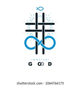 Everlasting God vector creative symbol design combined with infinity endless loop and Christian Cross, vector logo or sign.