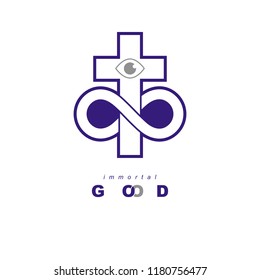 Everlasting God vector creative symbol design combined with infinity endless loop and Christian Cross, vector logo or sign.