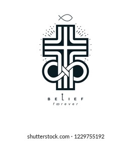 Everlasting God vector creative symbol design combined with infinity endless loop and Christian Cross, vector logo or sign.