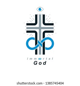 Everlasting God vector creative symbol design combined with infinity endless loop and Christian Cross, vector logo or sign.