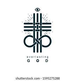 Everlasting God vector creative symbol design combined with infinity endless loop and Christian Cross, vector logo or sign.