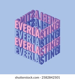 Everlasting - Isometric 3d lettering design, three-dimensional alphabet letters. 3d optical illusion colorful lettering for printing, posters, textile design. Vector illustration.