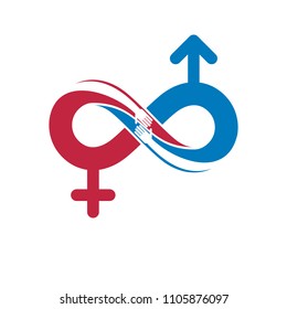 Everlasting Love concept, vector symbol created with infinity loop and male Mars an female Venus signs. Relationship idea.