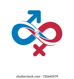Everlasting Love concept, vector symbol created with infinity loop and male Mars an female Venus signs. Relationship idea.
