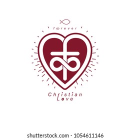 Everlasting Love of God vector creative symbol design combined with infinity endless loop and Christian Cross and heart, vector logo or sign.